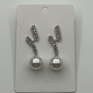Silver rhistone and white acrylic pearl pendant earrings